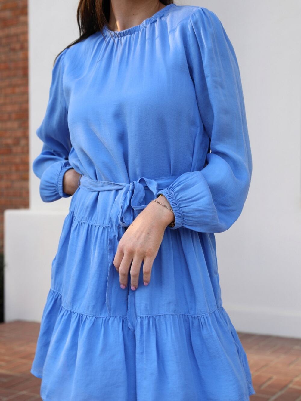 Bella‎ Dahl Tiered Ruffle Dress Sz XS 100% Tencel Blue Belted Feminine Romantic